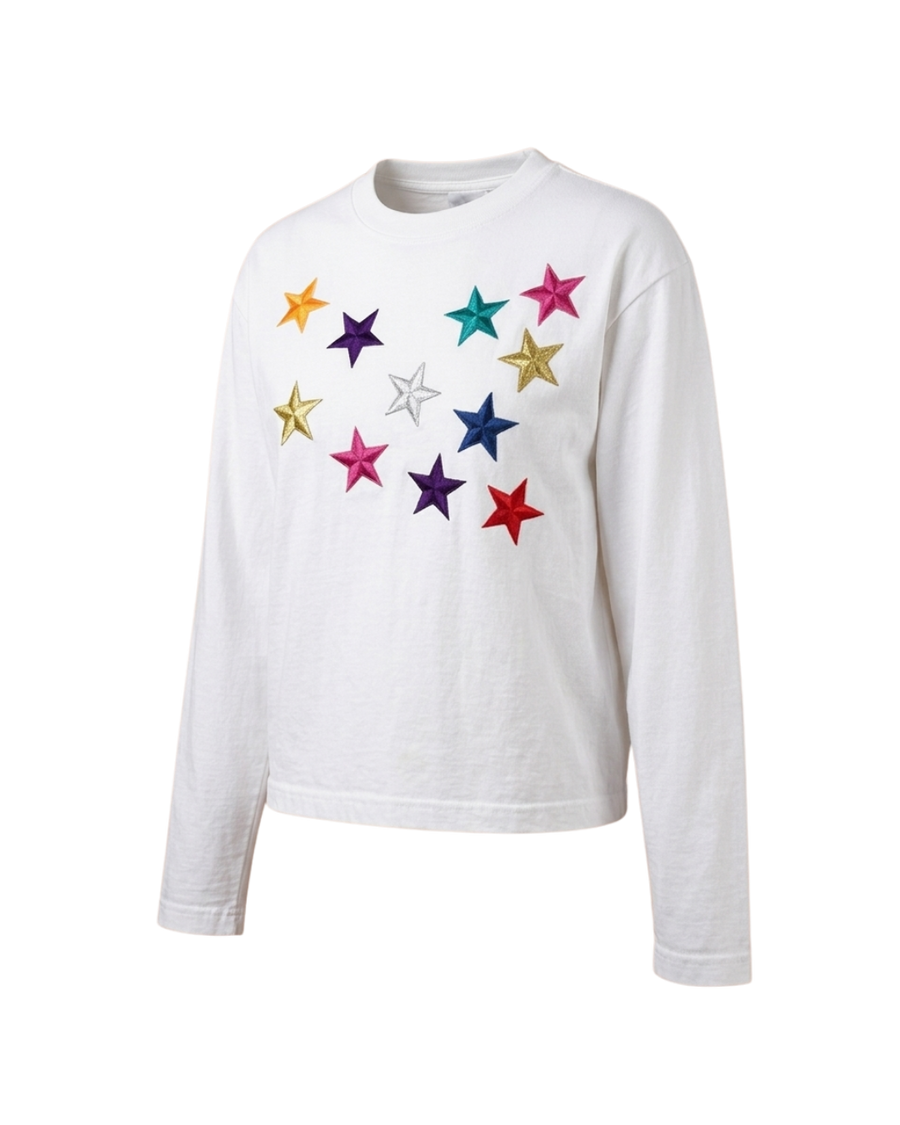 Vintage Y2K White Boxy Cropped Long Sleeve Top | Rainbow Metallic Star Patches | Women's S/M