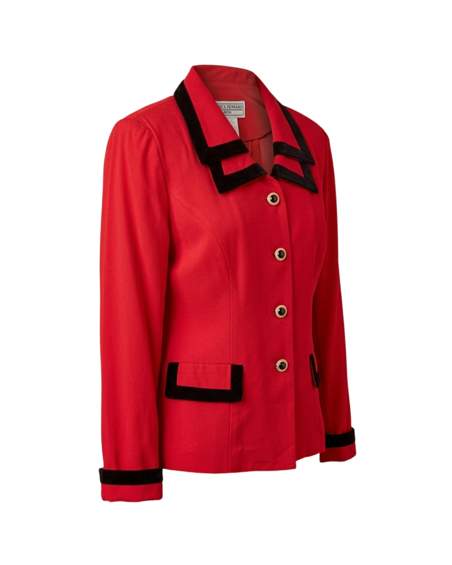 Vintage Jessica Howard Petite Red Blazer | Black Velvet Trim & Gold Enamel Buttons | Chanel-Inspired | 90s Size 6P