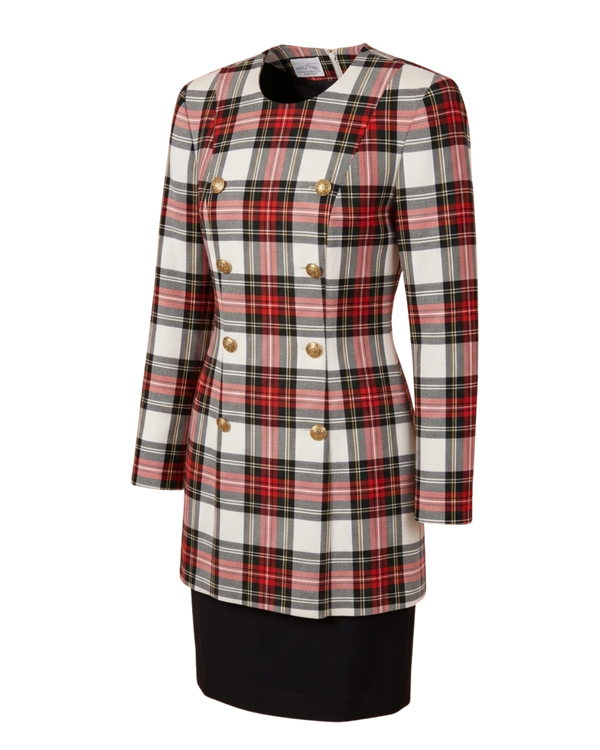 Vintage Santa Fe by Jim Tremblay Stewart Tartan Plaid Dress with Gold Heraldic Buttons — transparent background