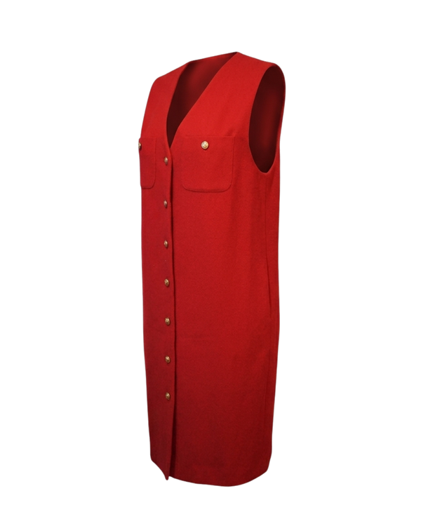 Norton McNaughton Vintage Red Wool Sleeveless Dress Size 6 — Gold Button V-Neck Jumper 1990s