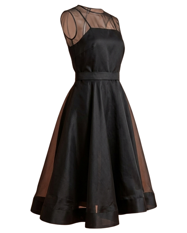 Custom handmade black organza midi dress front view by Margin Material — transparent background