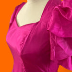 Vintage 1980s Fuchsia Hot Pink Taffeta Party Dress | Puff Sleeve Open Back | ILGWU Made in USA | Size 3/4