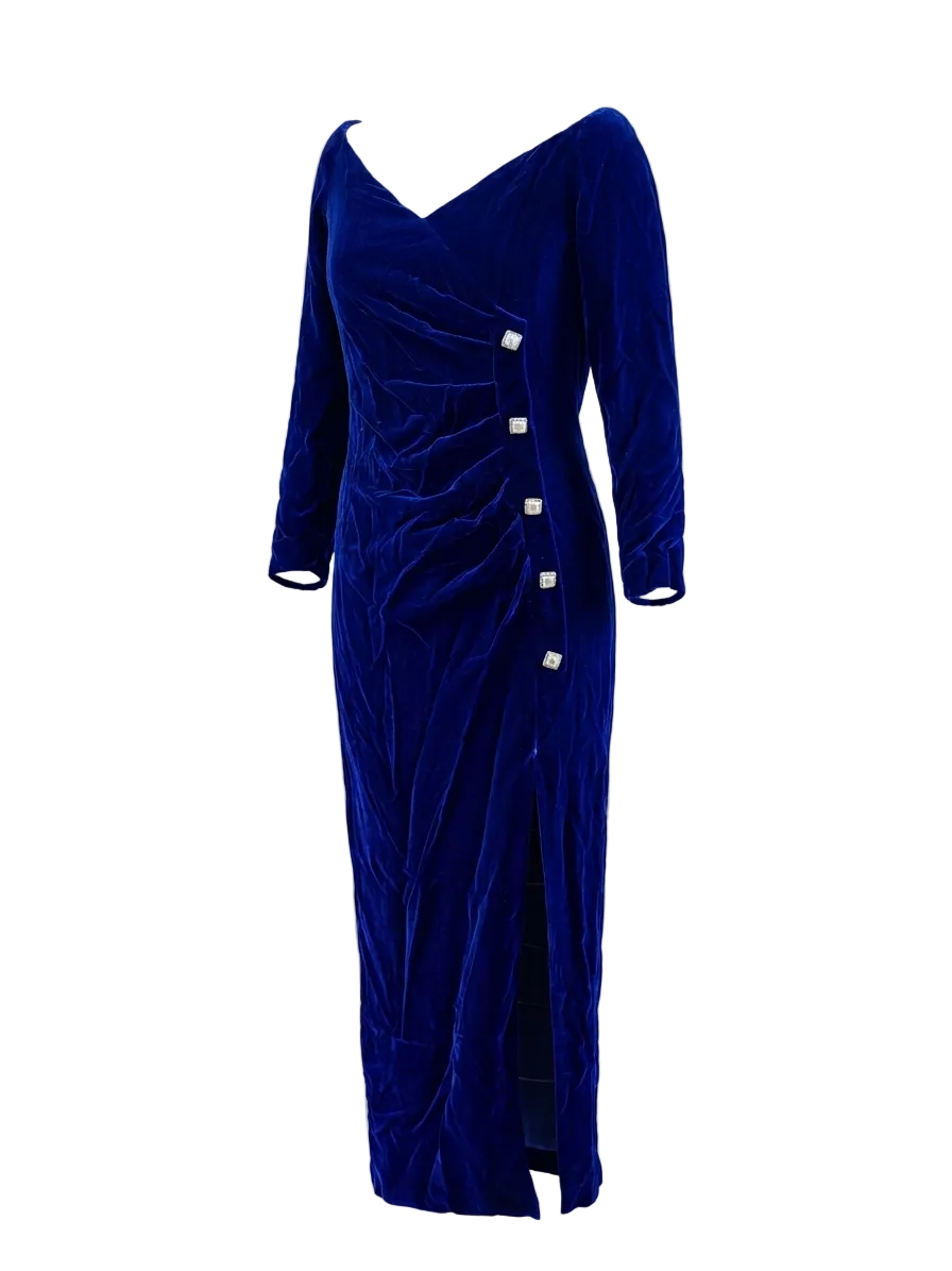 Vintage Martha Sweet Royal Purple Velvet Ruched Midi Gown | Rhinestone Buttons | 90s Evening Wear