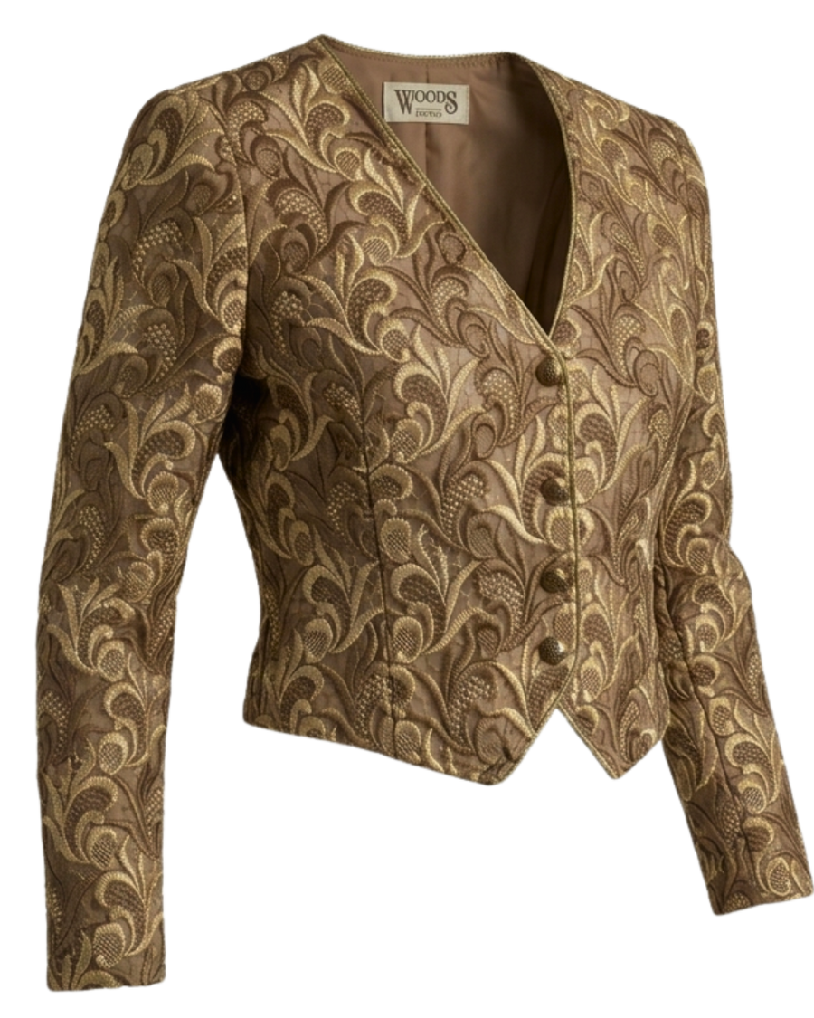 Vintage Woods & Gray Champagne Gold Embroidered Lace Bolero Jacket | Regencycore Evening Wear