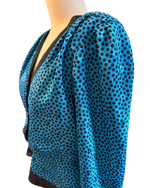 Vintage 80s Samantha Stevens Teal Polka Dot Satin Blouse | Puff Sleeve & Shoulder Pads | Size 10P