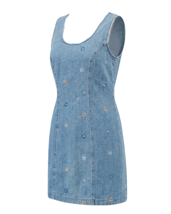 Vintage Y2K Floral Embroidered Denim Mini Dress | Daisy Stitch | Sleeveless Zip-Back | Women's S/M