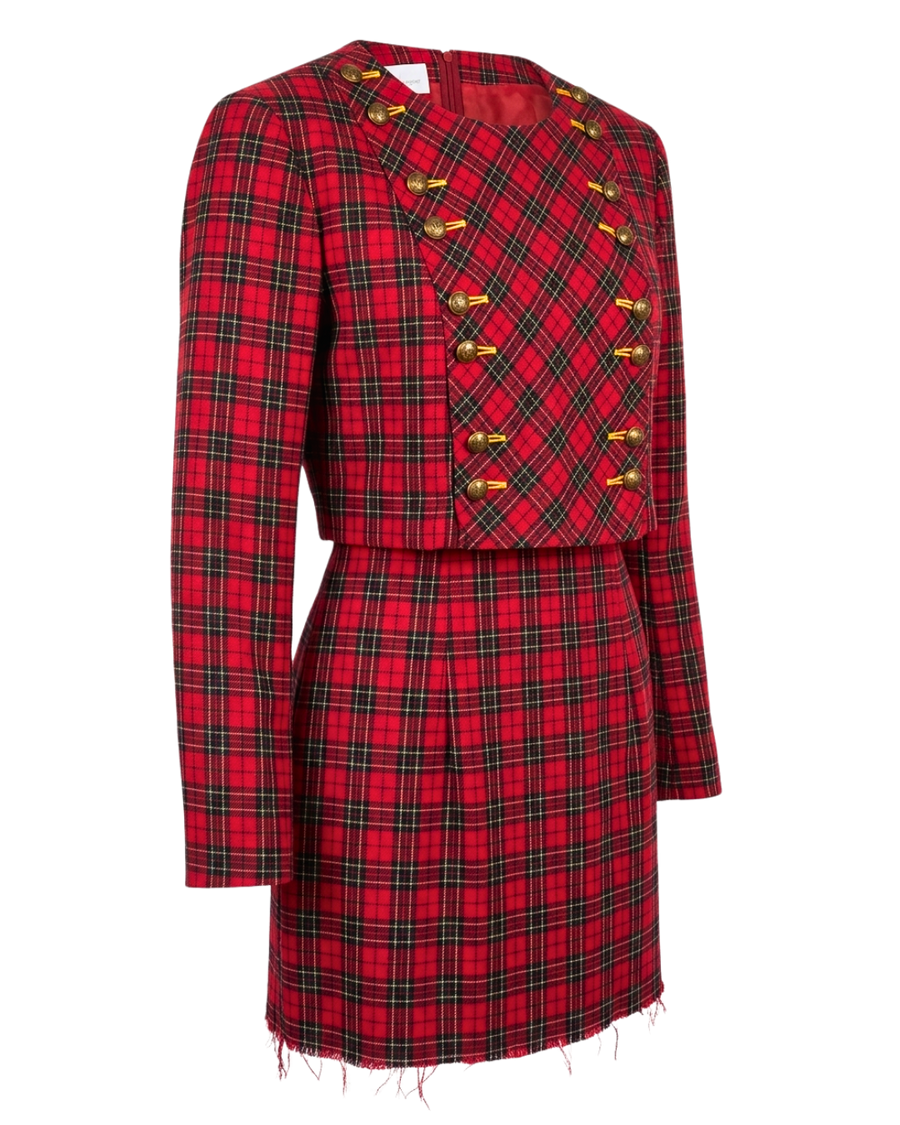 Santa Fe Red Royal Stewart Tartan Two-Piece Set | Vintage Plaid Skirt Set | Size 8