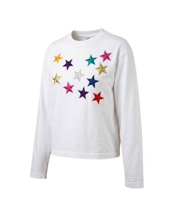 Vintage Y2K White Boxy Crop Top with Rainbow Metallic Star Patches — transparent background