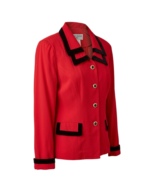 Vintage Jessica Howard Petite Red Blazer with Black Velvet Trim and Gold Enamel Buttons — transparent background