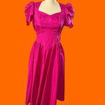 Vintage 1980s Fuchsia Hot Pink Taffeta Party Dress | Puff Sleeve Open Back | ILGWU Made in USA | Size 3/4