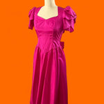 Vintage 1980s Fuchsia Hot Pink Taffeta Party Dress | Puff Sleeve Open Back | ILGWU Made in USA | Size 3/4