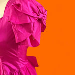 Vintage 1980s Fuchsia Hot Pink Taffeta Party Dress | Puff Sleeve Open Back | ILGWU Made in USA | Size 3/4