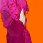 Vintage 1980s Fuchsia Hot Pink Taffeta Party Dress | Puff Sleeve Open Back | ILGWU Made in USA | Size 3/4