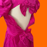 Vintage 1980s Fuchsia Hot Pink Taffeta Party Dress | Puff Sleeve Open Back | ILGWU Made in USA | Size 3/4