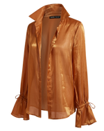 Gold Copper Metallic Sheer Blouse | Bell Sleeve Shimmer Top | Going Out Blouse | Women's Party Shirt