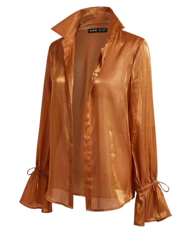 SHEIN Gold Copper Metallic Sheer Bell Sleeve Blouse front view — transparent background
