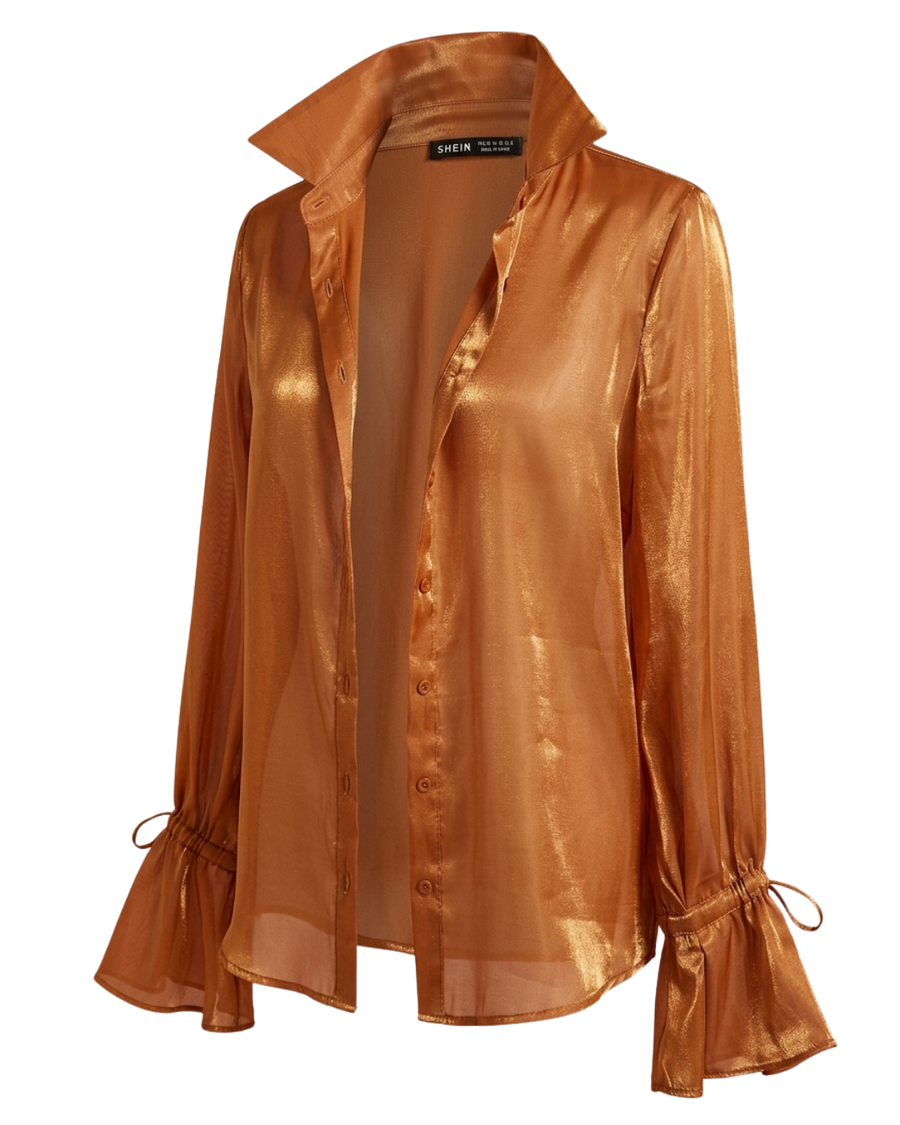 Gold Copper Metallic Sheer Blouse | Bell Sleeve Shimmer Top | Going Out Blouse | Women's Party Shirt