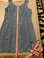 Vintage Y2K Floral Embroidered Denim Mini Dress | Daisy Stitch | Sleeveless Zip-Back | Women's S/M
