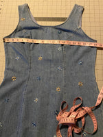 Vintage Y2K Floral Embroidered Denim Mini Dress | Daisy Stitch | Sleeveless Zip-Back | Women's S/M