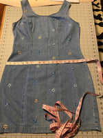 Vintage Y2K Floral Embroidered Denim Mini Dress | Daisy Stitch | Sleeveless Zip-Back | Women's S/M