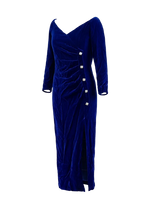 Vintage Martha Sweet Royal Purple Velvet Ruched Midi Gown | Rhinestone Buttons | 90s Evening Wear
