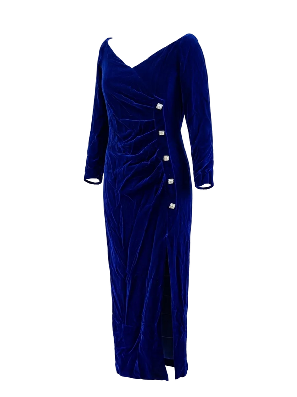 Vintage Martha Sweet Royal Purple Velvet Ruched Midi Gown | Rhinestone Buttons | 90s Evening Wear