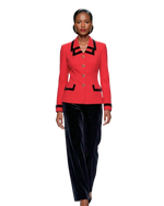 Vintage Jessica Howard Petite Red Blazer | Black Velvet Trim & Gold Enamel Buttons | Chanel-Inspired | 90s Size 6P