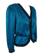 Vintage 80s Samantha Stevens Teal Polka Dot Satin Blouse | Puff Sleeve & Shoulder Pads | Size 10P