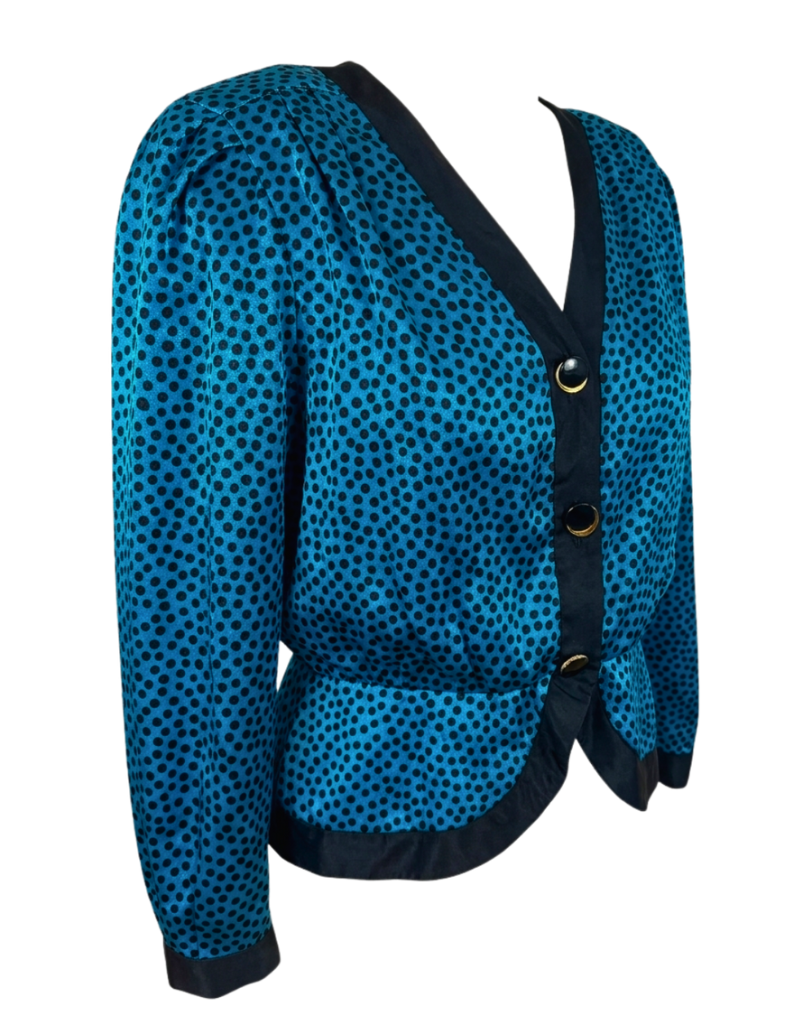 Vintage 80s Samantha Stevens Teal Polka Dot Satin Blouse | Puff Sleeve & Shoulder Pads | Size 10P