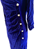 Vintage Martha Sweet Royal Purple Velvet Ruched Midi Gown | Rhinestone Buttons | 90s Evening Wear