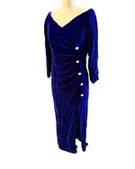Vintage Martha Sweet Royal Purple Velvet Ruched Midi Gown | Rhinestone Buttons | 90s Evening Wear