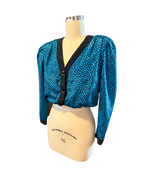 Vintage 80s Samantha Stevens Teal Polka Dot Satin Blouse | Puff Sleeve & Shoulder Pads | Size 10P