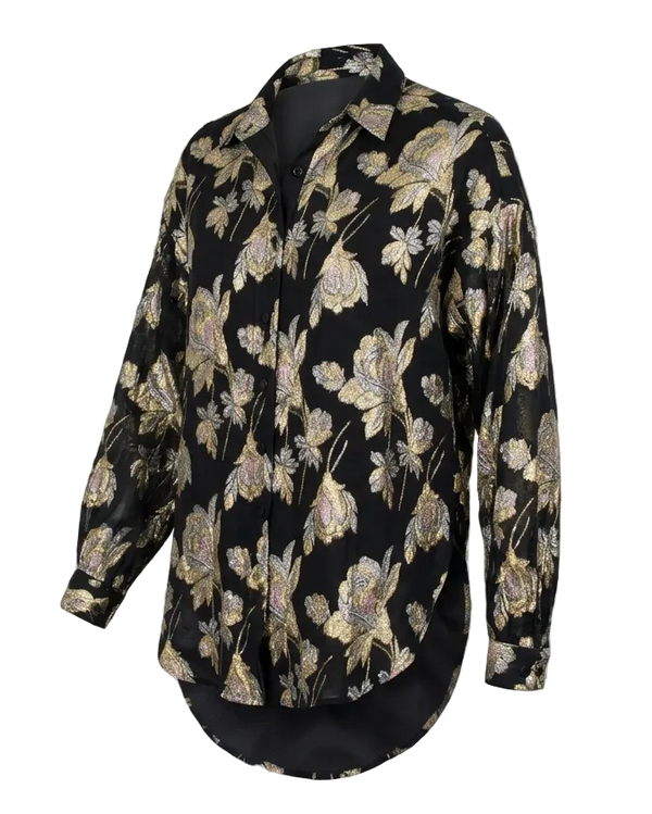 Vintage black and gold floral oversized button-down blouse