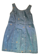 Vintage Y2K Floral Embroidered Denim Mini Dress | Daisy Stitch | Sleeveless Zip-Back | Women's S/M