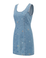 Vintage Y2K Floral Embroidered Denim Mini Dress | Daisy Stitch | Sleeveless Zip-Back | Women's S/M