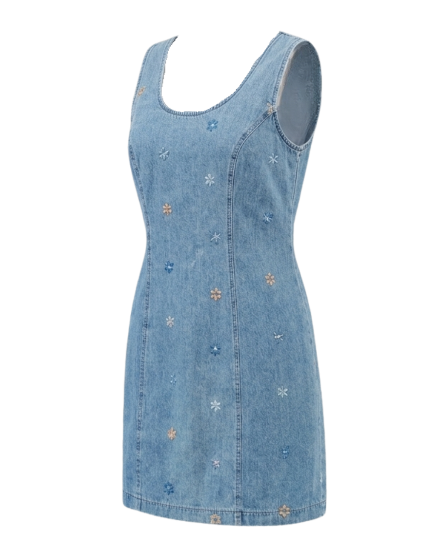 Vintage Y2K Floral Embroidered Denim Mini Dress | Daisy Stitch | Sleeveless Zip-Back | Women's S/M