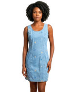Vintage Y2K Floral Embroidered Denim Mini Dress | Daisy Stitch | Sleeveless Zip-Back | Women's S/M