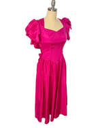 Vintage 1980s Fuchsia Hot Pink Taffeta Party Dress | Puff Sleeve Open Back | ILGWU Made in USA | Size 3/4