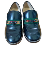 Authentic Gucci Kids Web Stripe GG Black Leather Loafers | EU 28 / US 11 | Made in Italy