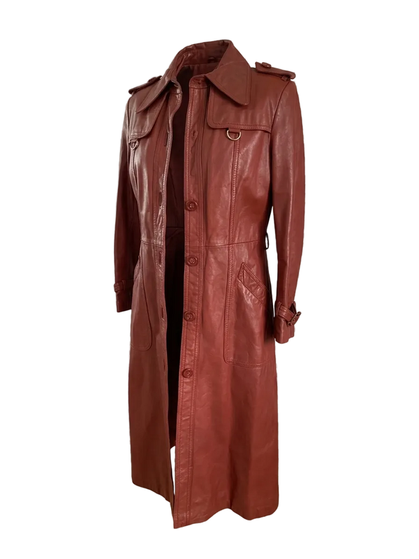 Vintage 70s rust leather trench coat — front view