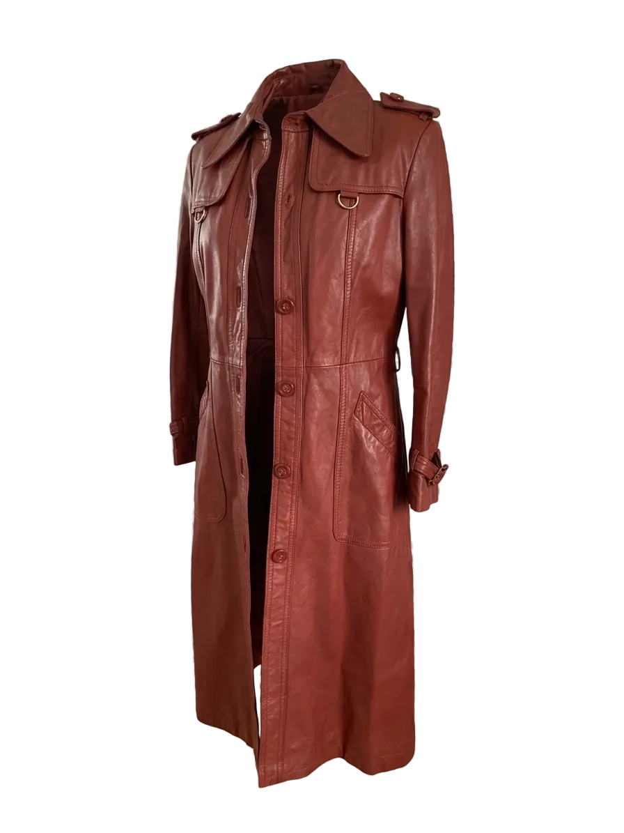 Vintage 70s Rust Leather Trench Coat — Women's Full Length